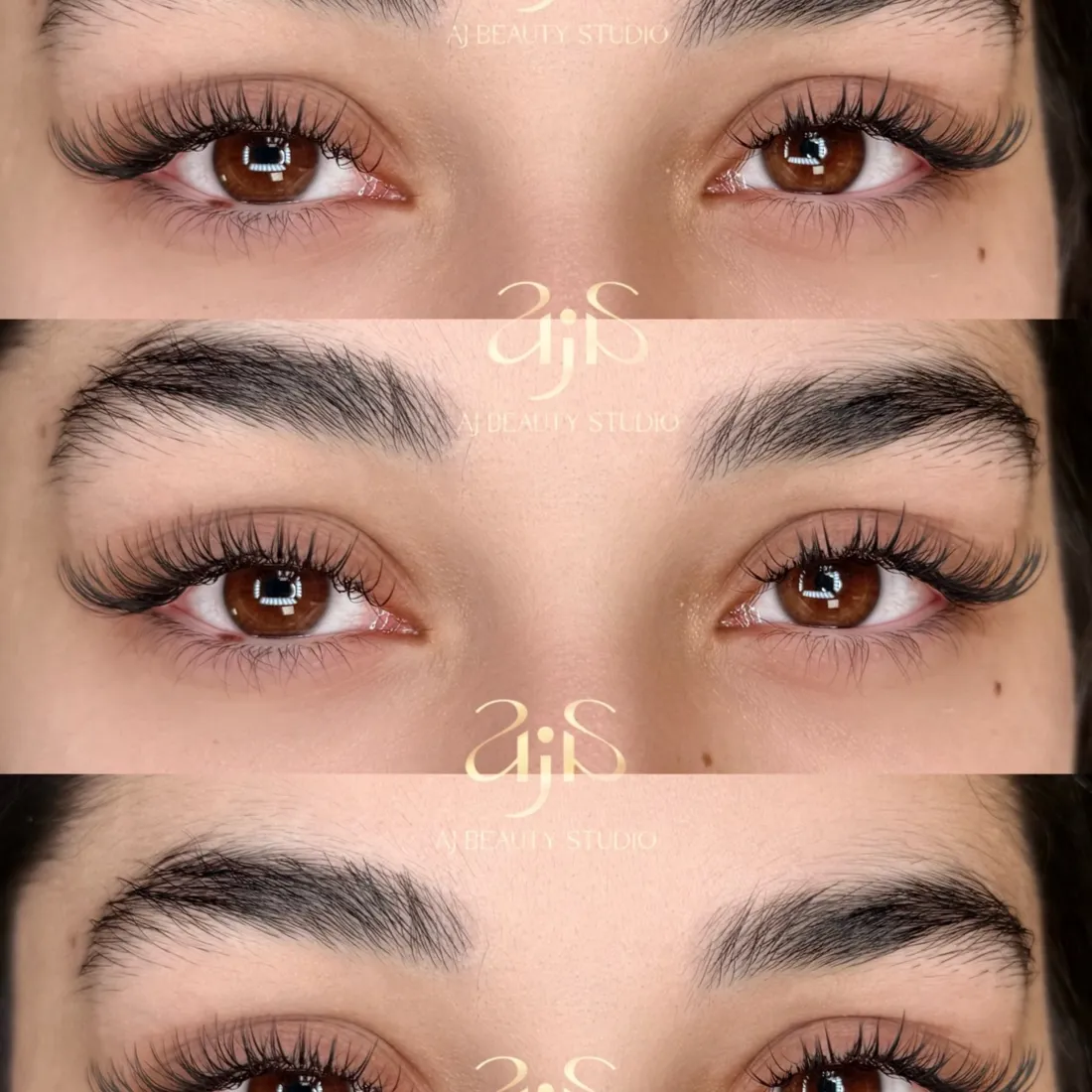 Close view of finished lash extensions and shaped brows by AJ Beauty Studio
